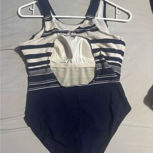 Navy and White Striped Kids Swim One Piece